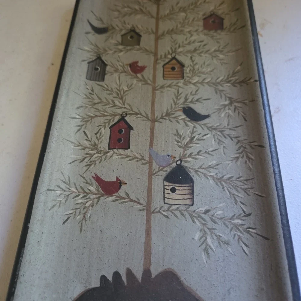 Donna White Birdhouse Birds Hand Painted Wall Hanging Wooden Tray Folk Art Tree